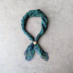 Vintage Echo Silk Navy Blue Green Yellow Floral Scalloped Square Scarf